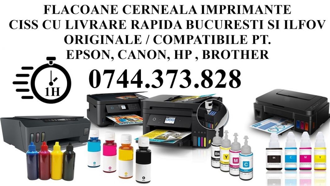 Flacoane cerneala Epson, HP, Canon, Brother pentru imprimante smartank ecotank inktank inkjet
